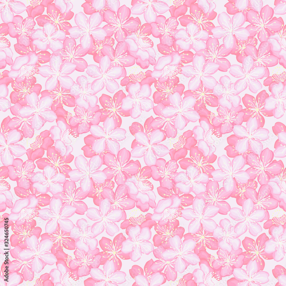 Beautiful pink cherry blossoms. Blooming spring background.  Seamless pattern. Texture for fabric, wrapping, wallpaper. Decorative print.Vector illustration
