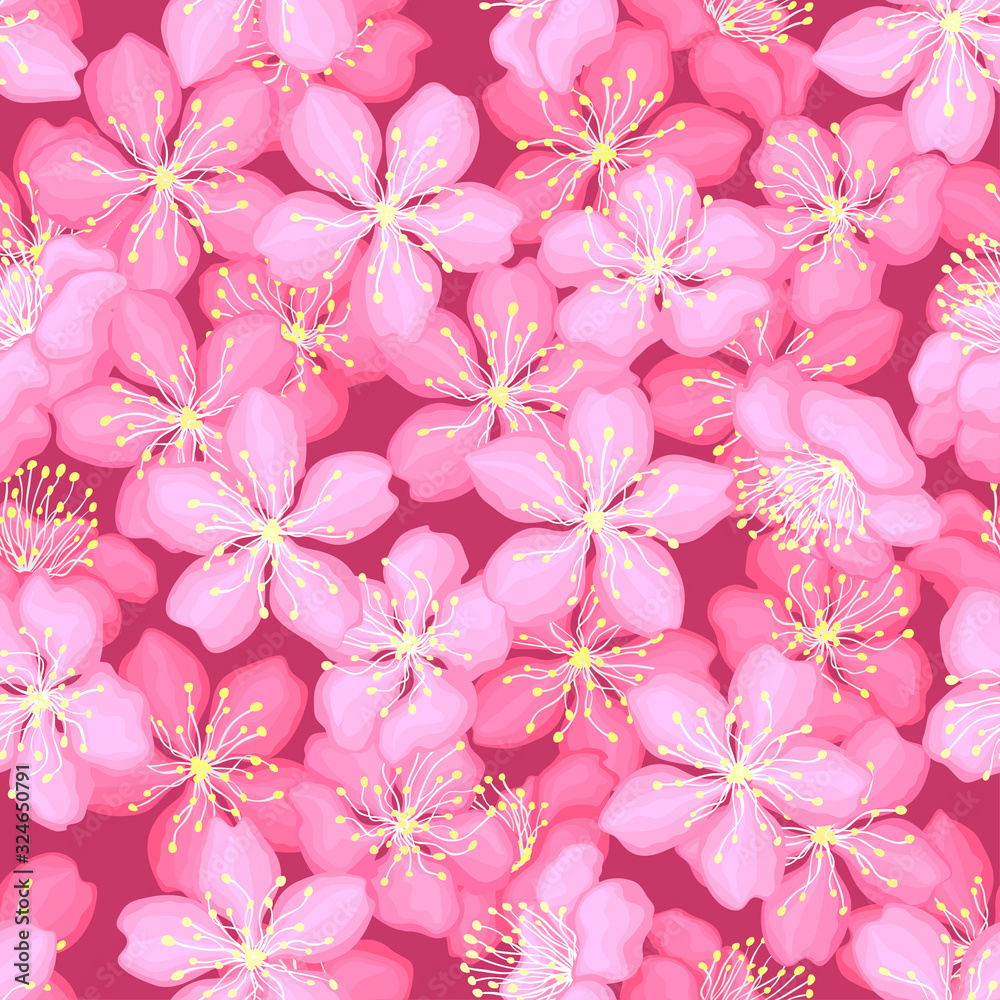 Beautiful pink cherry blossoms. Blooming spring background. Seamless pattern. Texture for fabric, wrapping, wallpaper. Decorative print.Vector illustration Beautiful pink cherry blossoms. Blooming spring background. Seamless pattern. Texture for fabric, wrapping, wallpaper. Decorative print.Vector illustration
