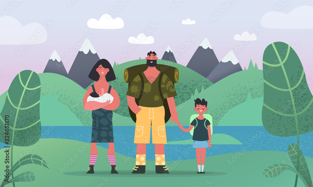 Happy family hiking. Father, mother boy children and baby  breastfeedingare traveling through the mountains. Family and kids in outdoor mountain landscape. Trekking to nature, travel and tourism