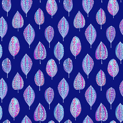 Acrylglasbilder Dunkelblaue Muster Boho Doodle Blätter Buntes Muster  © Nina Maria