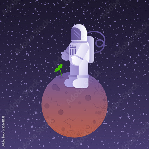 Astronaut plants on Mars on space background