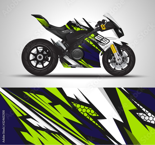 Racing motorcycle wrap decal and vinyl sticker design. Concept graphic abstract background for wrapping vehicles, motorsports, Sportbikes, motocross, supermoto and livery. Vector illustration.