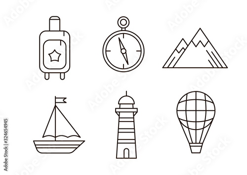 Travel icon set. Line collection of sign with tourism symbols. Outline vector illustation