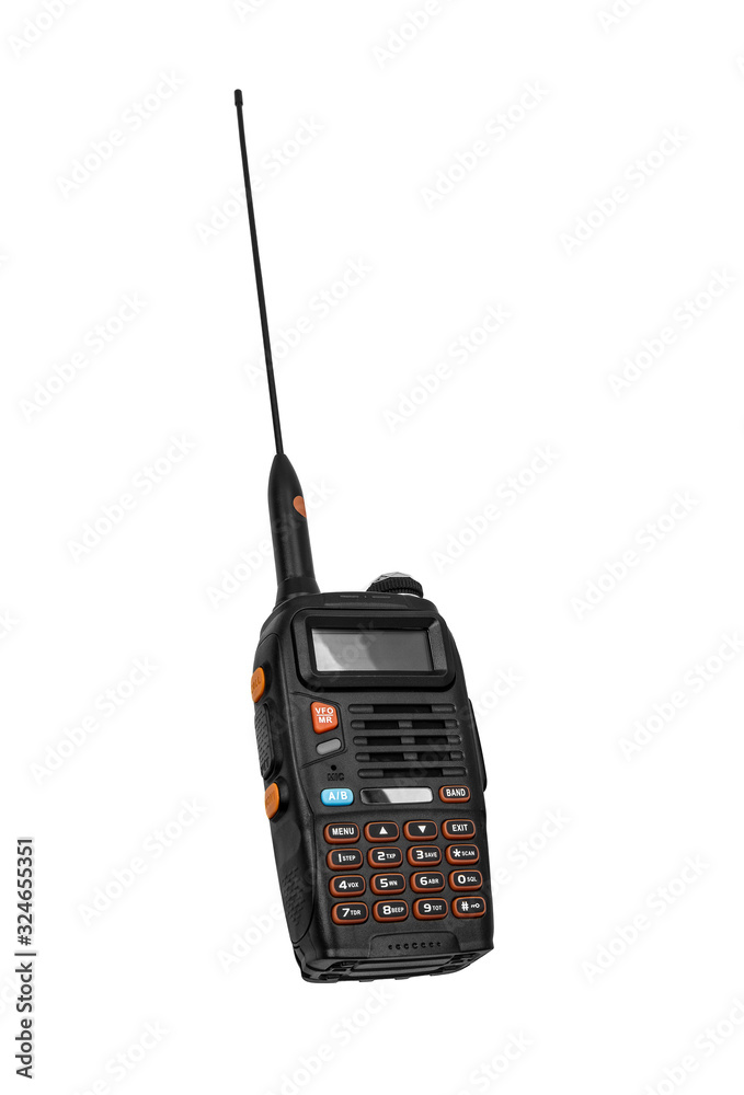 Walkie-talkie isolated on white background. Modern walkie-talkie for communication and conversation at a distance. Walkie-talkie isolated on white background. Modern walkie-talkie for communication and conversation at a distance.