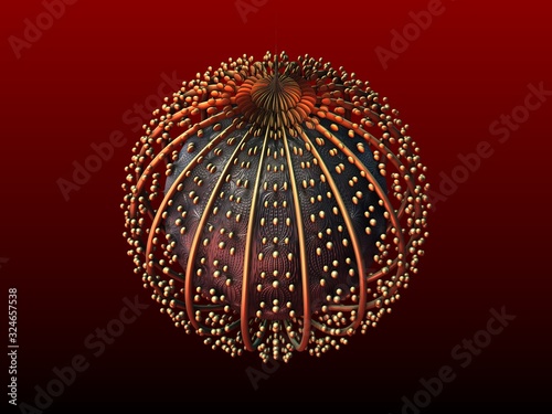 3D fractal. Abstract metal planet with ornamental dark core, coral pink metal rings and bubbles capsules around on gradient background with wine red and black colors.