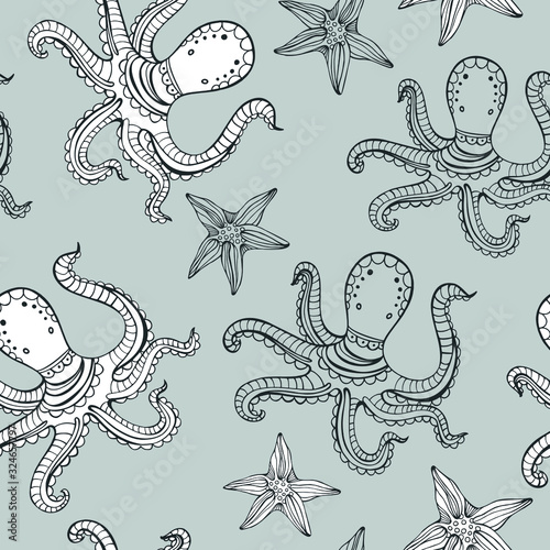 Hand drawn octopus and starfish coloring vector pattern for children and adults. Seamless background for wallpapers  postcards and posters. Black and white. Underwater world.