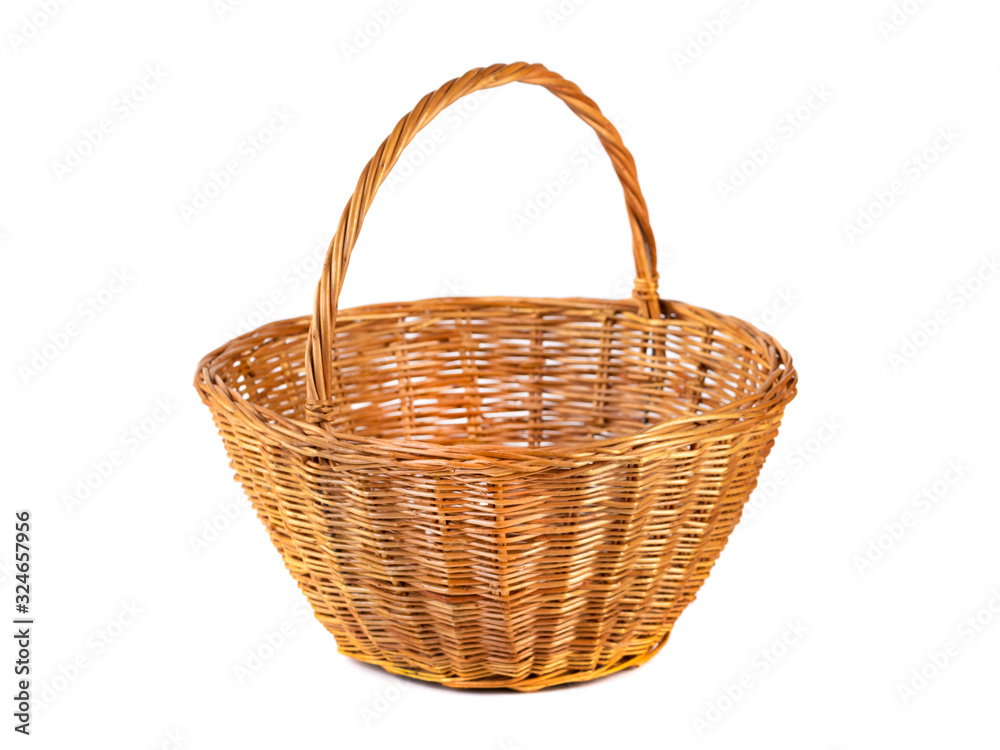 Empty wicker basket for fruits and vegetables, isolated on white Empty wicker basket for fruits and vegetables, isolated on white