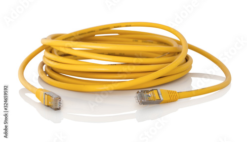 Network cable isolated on white background with shadow reflection. With clipping path. Internet data cable. LAN Cable. Network line. Line connector.  Mains cable on white. Power cord.