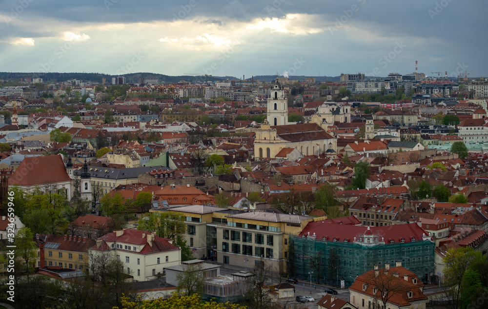 April 27, 2018 Vilnius, Lithuania. View of the old city of Vilnius from Three Cross Mountain.