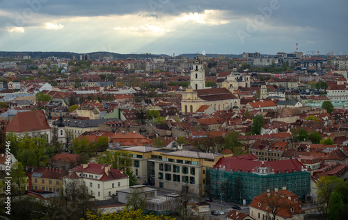 April 27, 2018 Vilnius, Lithuania. View of the old city of Vilnius from Three Cross Mountain.