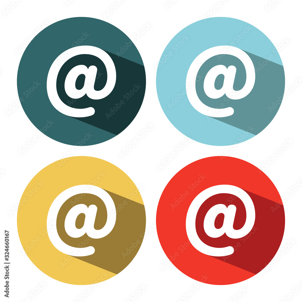 White Mail and e-mail icon isolated with long shadow. Envelope symbol e-mail. Email message sign. Red circle button. Vector Illustration