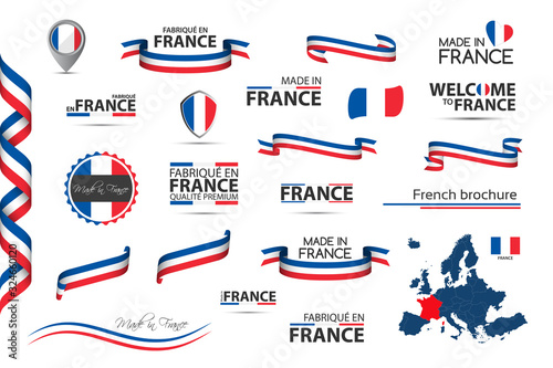 Big set of French ribbons, symbols, icons and flags isolated on a white background, Made in France, Welcome to France, premium quality, French tricolor, set for your infographics and templates photo