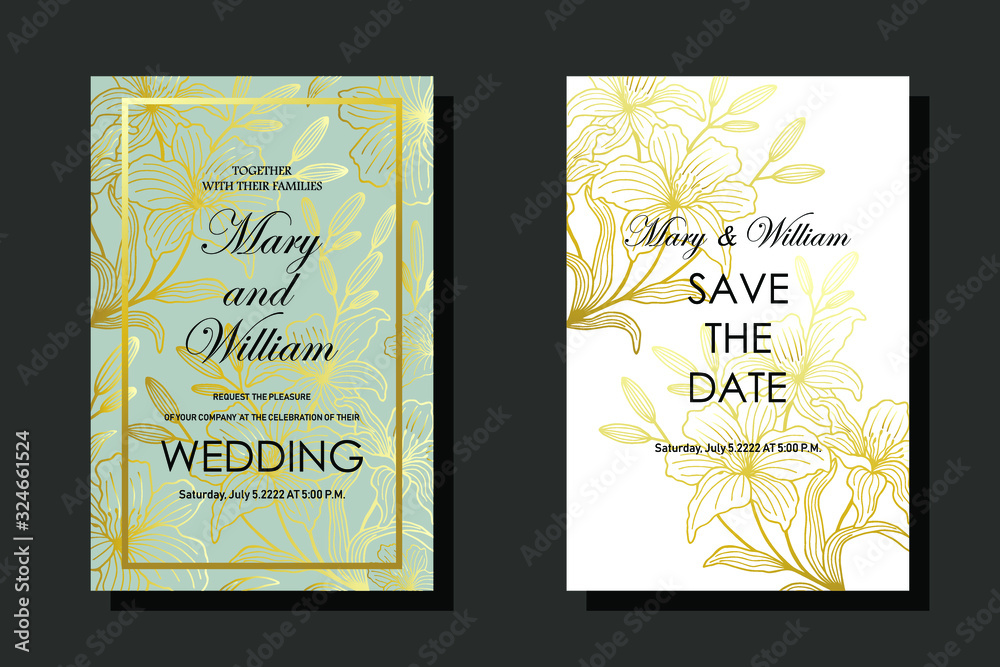 Set of wedding cards in delicate color. lily flowers in gold. eps10 vector stock illustration.