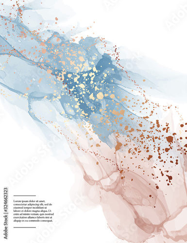Modern watercolor blue pink ink with gold glitter splashes. Alcohol ink modern texture in vector. Fluid soft design template, elegant banner