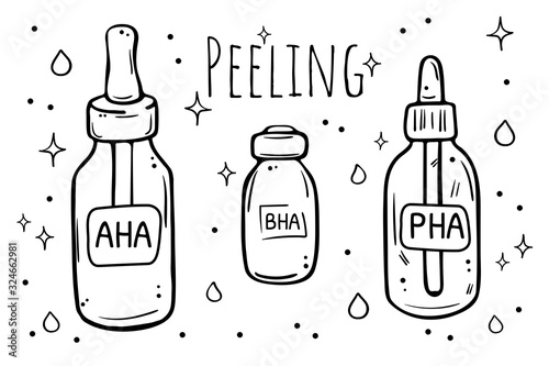 Different types of peelings. Black outline illustration on a white background.