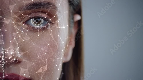 Face ID. Future. Half Face of Young Caucasian Woman for Face Detection. Brown Female Eye Biometrical Iris Scan Reading for Person Identification. Augmented Reality. 3D Technology Concept. photo