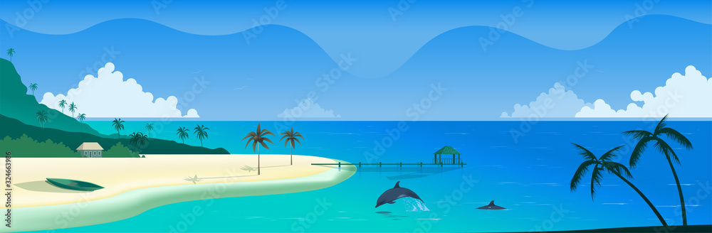 Landscape Panorama vector banner. Sea coast on a sunny day. Ocean shore with palm trees and a boat on the yellow sand, a hut in the distance. Pier. Calm sea, a dolphin emerging from water.  Island