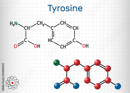 Tyrosine, L-tyrosine, Tyr,  C9H11NO3  amino acid molecule. It plays role in protein synthesis, it is precursor for synthesis of catecholamines, thyroxine, melanin. Sheet of paper in a cage