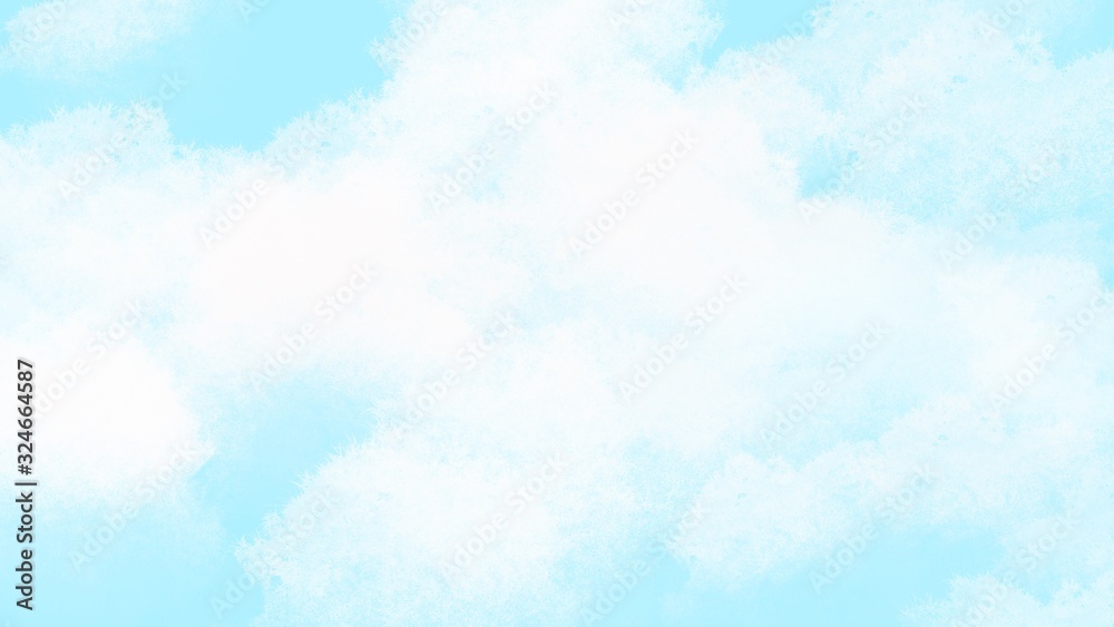 Digital illustration rectangular horizontal background blue white cotton clouds. Print for fabrics, posters, banners, web design, cards, paper packaging and products, scrapbooking.