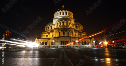 Sofia Cathedral Aleksandar Nevski - West View with car lights