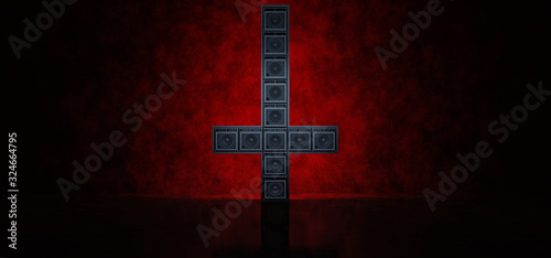 Guitar amplifiers composed in the form of an inverted cross illuminated in red. 3D Render