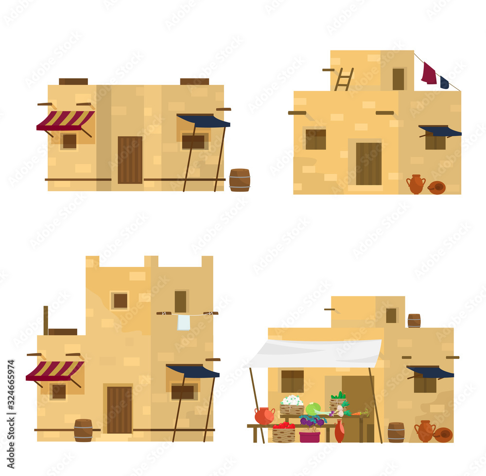 Vector set of traditional Middle Eastern houses and market. Arabian
