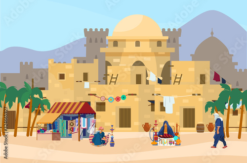 Vector illustration of Middle Eastern cityscape with traditional houses, market and castle on the background. Ancient arab village. Veiled woman sells jewelry and ceramics. Fabric store. Flat style.