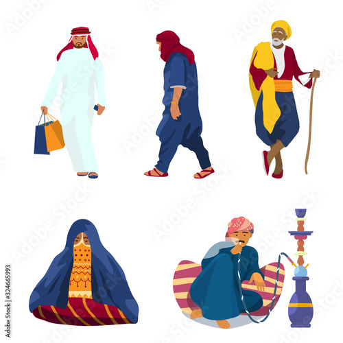 Vector set of Middle Eastern people in traditional clothes. Arab man with pockets, old man in turban with stick, sitting woman, man smoking hookah.