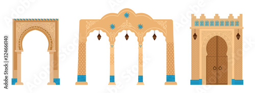 Set of Indian archs with mosaics, lanterns. Middle east architecture elements. Ancient gates. Flat vector illustration.