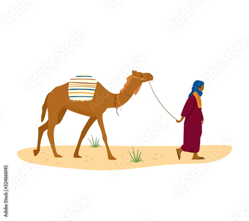Bedouin leads his camel in desert. Arab character in traditional dress and turban. Flat vector illustration.