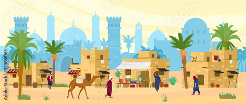 Arabic desert landscape with traditional mud brick houses and people. Ancient temple at the background. Bedouin with camel, woman with jug on head. Flat vector illustration.