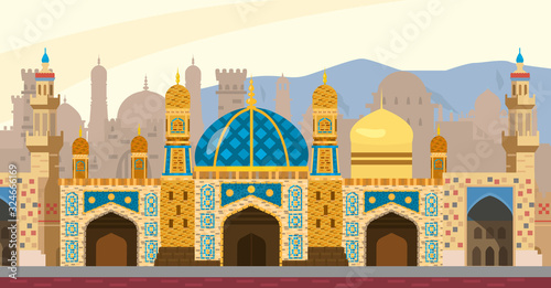 Arab street background vector illustration. Middle Eastern cityscape. Mosque, towers, gates, mosaics. Flat style.