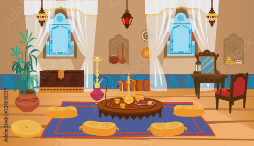Middle eastern living room interior with wooden furniture and decoration elements. Round low table with tea pot and pillows, toilet table with chair, lanterns with stained glass. Cartoon vector.