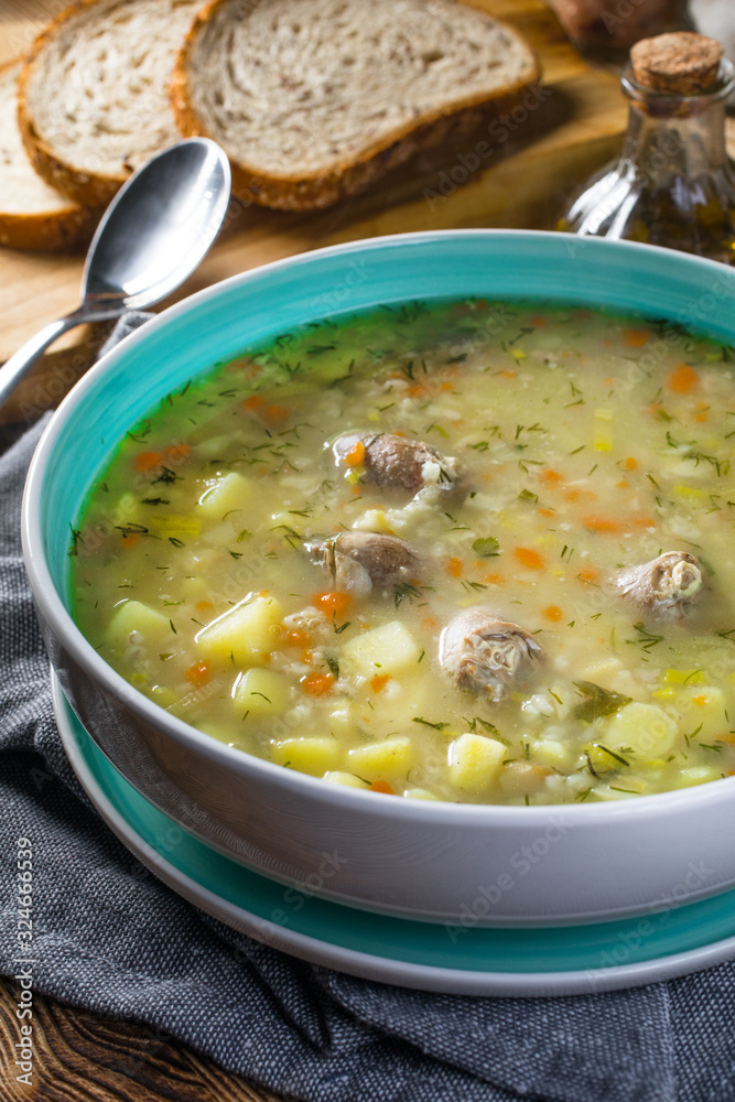 Polish barley soup with vegetables and chicken heart. Polish barley soup with vegetables and chicken heart.