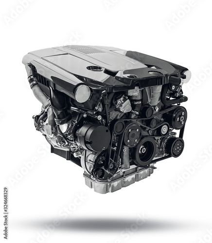 New modern car engine isolated on white background. Automotive industries. Car motor