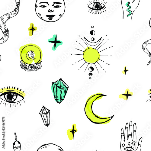 seamless pattern with magic hands,moon phases.Astrology,astronomy concept.Witchcraft symbols: snake, eyes, fortune telling magic crystal ball with eye of providence, moon.for tattoo, textile, card
