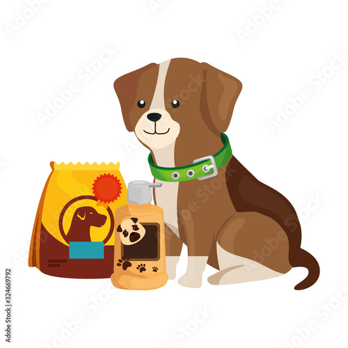 cute dog with bag food and icons vector illustration design
