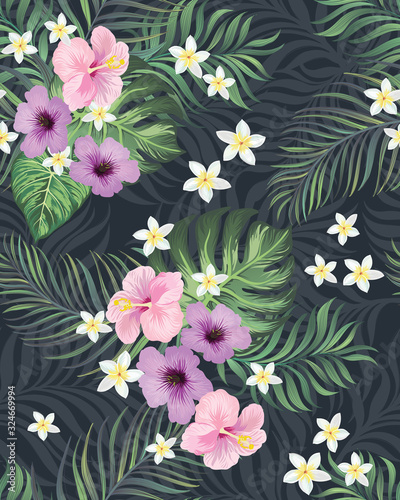 Exotic green seamless vector pattern with palm  banana and hibiscus flowers. Summer botanical backgrioud. Trendy summer print. 