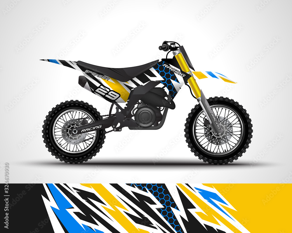 Racing motorcycle wrap decal and vinyl sticker design. Concept graphic abstract background for wrapping vehicles, motorsports, Sportbikes, motocross, supermoto and livery. Vector illustration. Racing motorcycle wrap decal and vinyl sticker design. Concept graphic abstract background for wrapping vehicles, motorsports, Sportbikes, motocross, supermoto and livery. Vector illustration.