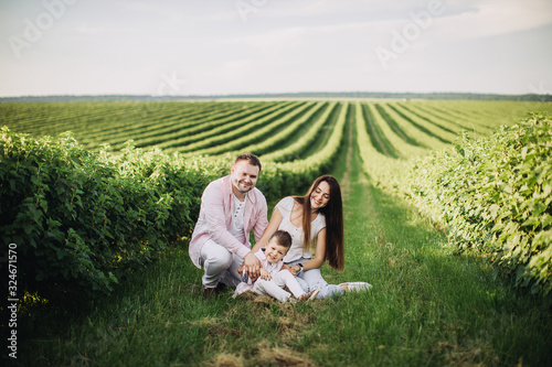 Happy family posing on a green field
