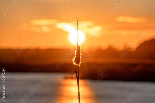 Winter sunset with orange sky. Travel destination Russia