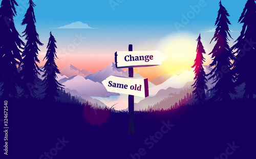 Time to make a change - crossroad signpost pointing in two directions, same old or change pointing at sunrise. Decision making, choice, improvement concept. Vector illustration.