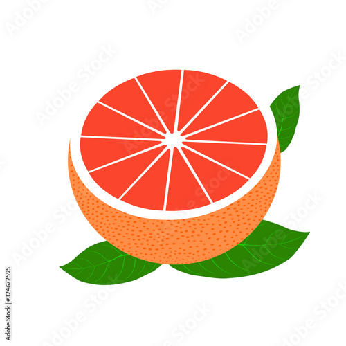 Vector realistic half grapefruit with  leaves. Fresh and juicy grapefruit. Fruit illustration with flat design.