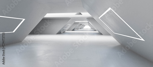 Modern futuristic white shiny architecture builing interior with futuristic lighting 3d render illustration