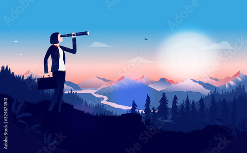 Business woman with binocular searching for opportunities - Female manager standing in a landscape with sunrise looking for solutions. Business outlook, female leader, strategy concept. Illustration. photo