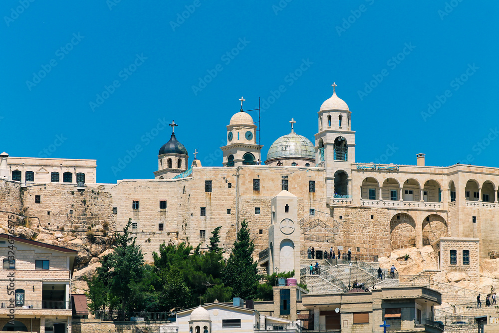 exterior of Our Lady of Saidnaya Monastery, its is a monastery of the Greek Orthodox Church of Antioch located in Saidnaya city, Syria