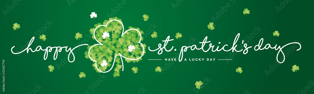 St Patrick's Day handwritten typography lettering line design with clovers green background banner.jpg <span>plik: #324677141 | autor: simbos</span>