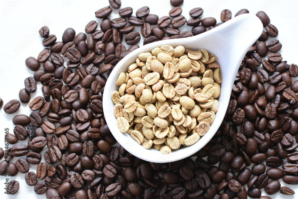Fototapeta premium Dried beans and coffee beans from Colombia on wooden background