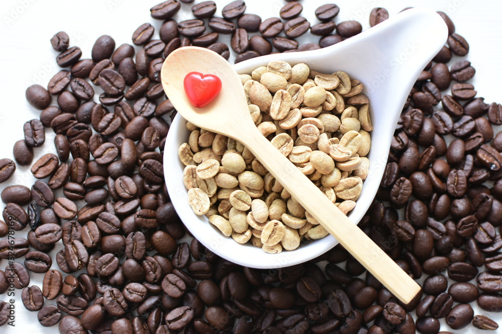 Fototapeta premium Dried beans and coffee beans from Colombia on wooden background