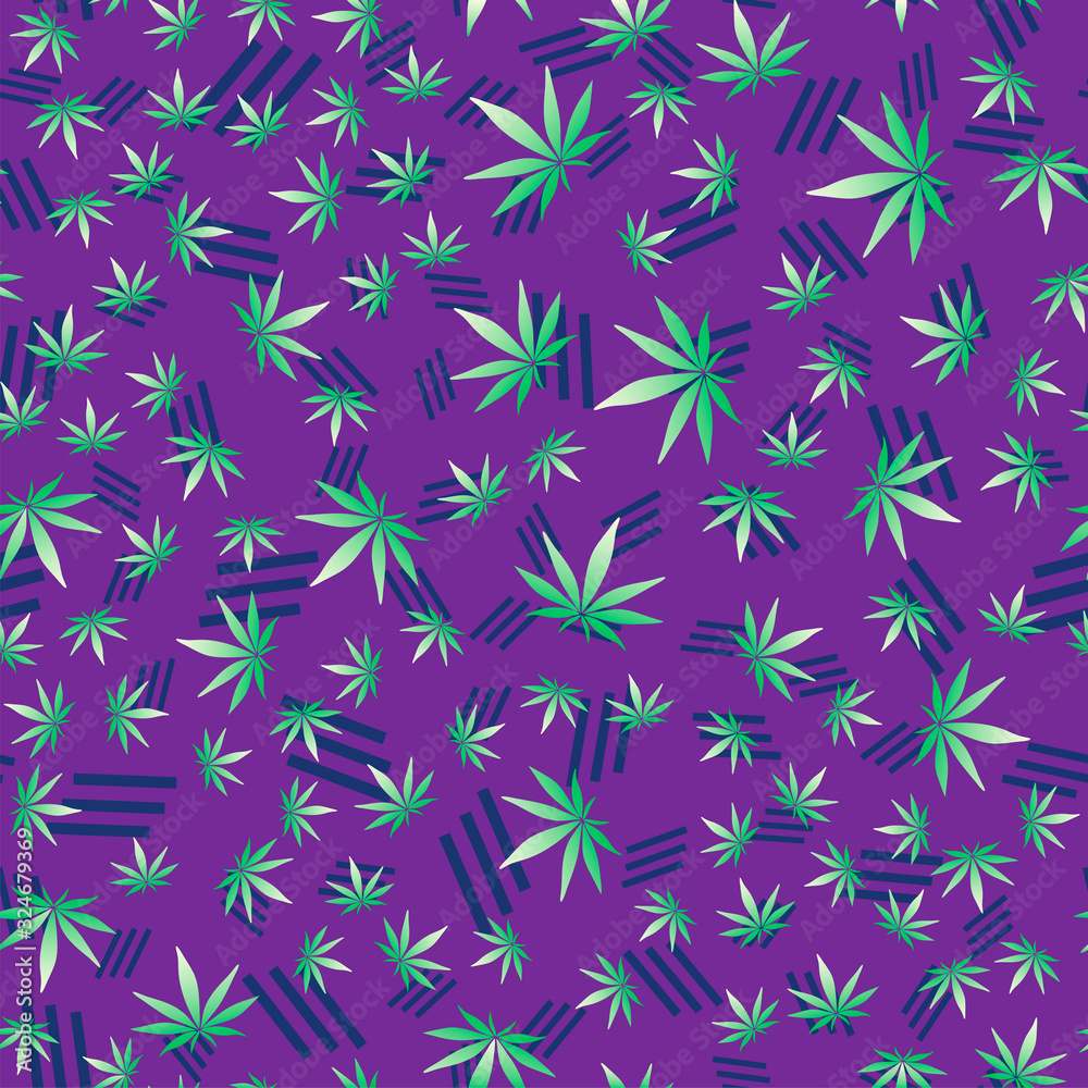 cannabis leaves from green gradient on a bright purple background with abstract elements geometric seamless pattern cannabis leaves from green gradient on a bright purple background with abstract elements geometric seamless pattern